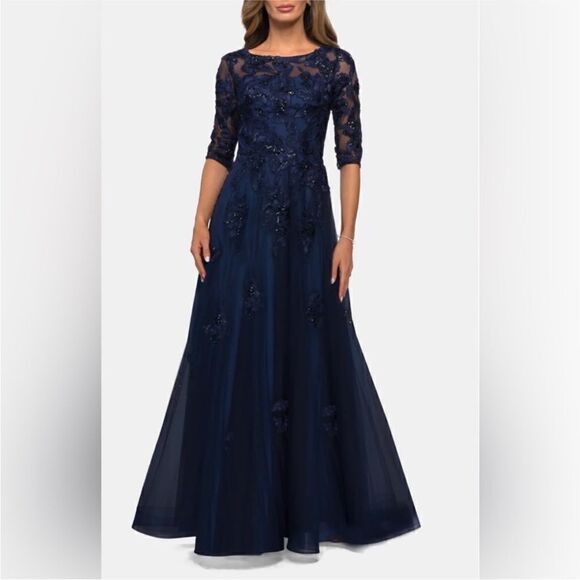 La Femme Floral Lace and Tulle Navy Gown | Size 6 - Picture 1 of 11